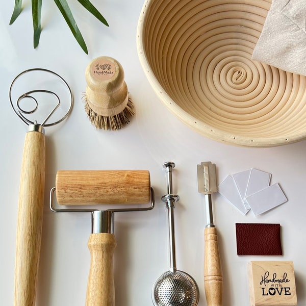 Sourdough Starter Kit 12 pcs, Banneton Set Round 9" or 10" + Liner + Whisk + Roller  + Blades + Lame bread + Flour strainer+ Brush cleaner.