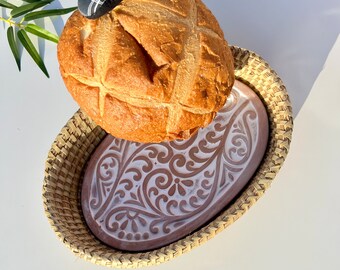 Basket bread with terracota warmer , Artisan European inspired, Bakers gift, hot bread.