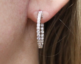 1.5 ctw Natural Diamond Hoop Earrings / Solid 14k 18k Gold / Inside Outside Hoops 24 MM / Round Hinged Snapback Earrings / Anniversary Gift