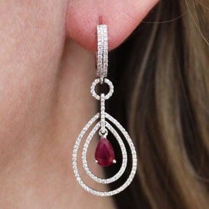 3 ctw Natural Red Ruby & Diamond Dangle Earrings / Long Halo Teardrop Earrings 42 mm / Solid 14k 18k Gold / Pear Cut Ruby / July Birthstone