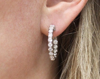 3 ctw Natural Diamond Hoop Earrings / Inside Outside Hoops 25 MM / Solid 14k 18k Gold / Round Hinged Snapback Earrings / Anniversary Gift