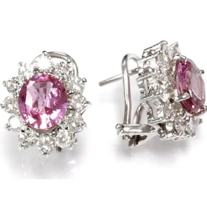 4.8 ctw Natural Pink Sapphire & Diamond Halo Earrings / Solid 14k 18k Gold / Oval Cluster Earrings 15 mm / Omega Back / September Birthstone