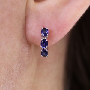 1.5 ctw Natural Blue Sapphire Hoop Earrings / Solid White 14k Gold / 3 Stone Hoops / Oval Cut Sapphire Huggies 15 MM / September Birthstone