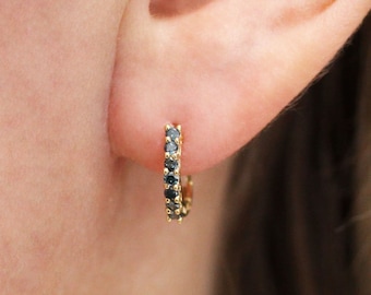 0.4 ctw Natural Blue Diamond 7 Stone Semi Hoop Earrings / Solid 14k 18k Gold / Thin Hoops 12 MM / Dainty Latch Back Earrings / Birthday Gift