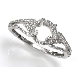 May include: A silver ring with a round center setting and a diamond band. The band is set with small diamonds.