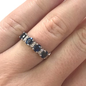1 ctw Natural Blue Sapphire & Diamond Band Ring / Solid 14k 18k Gold / Oval Cut 4 Sapphire Anniversary Ring 4 MM / September Birthstone image 2