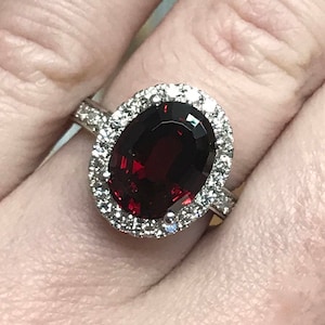 4.4 ctw Natural Red Garnet & Diamond Ring / Halo Engagement Ring / Solid 14k 18k Gold / Oval Statement Cocktail Ring / January Birthstone