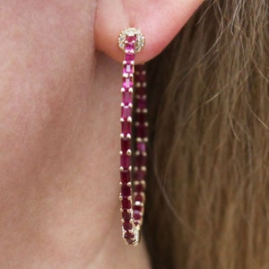 6.6 ctw Natural Red Baguette Ruby & Diamond Hoop Earrings / Inside Outside Hoops 40 MM / Solid 14k 18k Gold / Round Circle / July Birthstone