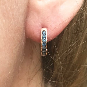0.35 ctw Natural Blue Diamond Hoop Earrings / Solid 14k 18k Gold / Small Channel Set Diamond Hoops 13MM / Round Hinged Clasp Earrings