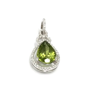6.25 ctw Natural Green Peridot & Diamond Tear Drop Pendant / Long Halo Pendant 32 MM / Solid 14k 18k Gold / Pear Peridot / August Birthstone