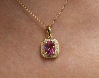 3.7 ctw Natural Pink Topaz & Diamond Pendant / Oval Halo Drop Pendant 24 MM / Solid 14k 18k Gold / Valentine's Day Gift/ November Birthstone