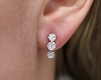 0.55 ctw Natural Diamond 3 Cluster Flower Earrings / Non Pierced Earrings 14 MM / Solid 14k 18k Gold / Tension Set Bridal Wedding Earrings