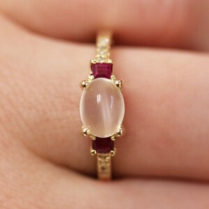2.65 ctw Natural Cabochon Moonstone, Red Ruby & Diamond 3 Stone Ring / East West Set / Solid 14k 18k Gold / Engagement Ring / Birthday Gift