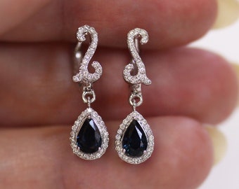 1.25 ctw Natural Blue Sapphire & Diamond Halo Dangle Earrings / Solid 14k 18k Gold / Pear Cut Sapphire Earrings 21 MM / September Birthstone