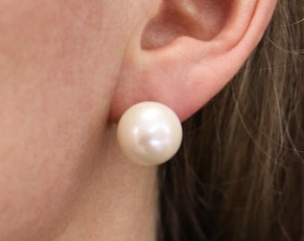 12 MM White Freshwater Pearl Earrings / Big Round Earrings / Solid 14k 18k Gold / Omega Back Earrings / Mother's Day Gift / June Birthstone
