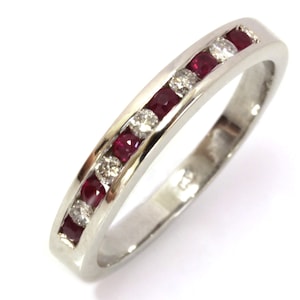 0.35 ctw Natural Red Ruby & Diamond Ring / Channel Wedding Band 3 MM / Solid 14k 18k Gold / Alternating Stackable Ring / July Birthstone