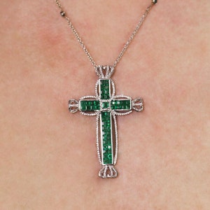 One-of-a-Kind 4.75 ctw Natural Green Princess Emerald & Diamond Cross Necklace / Solid 18k White Gold / Invisible Set Crown/ Chain 18 Inches image 1
