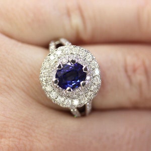 3.8 ctw Natural Blue Sapphire & Diamond Ring / Double Halo Engagement Ring / Solid 14k 18k Gold / Oval Sapphire/ September Birthstone