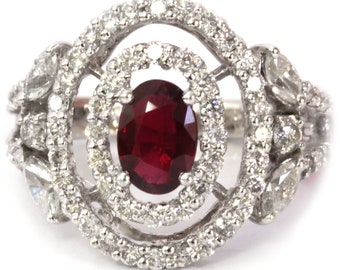 2.3 ctw Natural Red Ruby & Diamond Ring / Double Halo Statement Ring / Solid 14k 18k Gold / Oval Cut Ruby / Cocktail Ring / July Birthstone