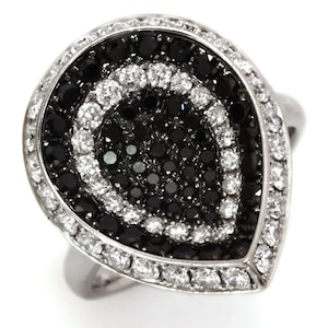 1.8 ctw Natural Black & White Diamond Halo Ring / Pave Set Statement Ring / Solid 14k 18k Gold / Teardrop Cocktail Ring / April Birthstone