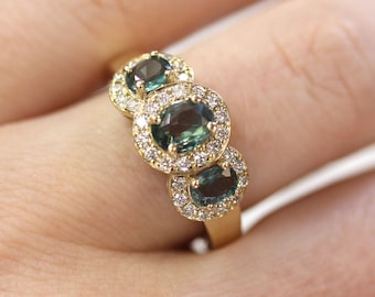 2.2 ctw Natural Color Change Alexandrite & Diamond 3 Halo Engagement Ring / Solid 14k 18k Gold / 3 Stone Anniversary Band / June Birthstone