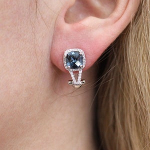 4.3 ctw Natürliche London Blau Topas & Diamant Ohrringe / Halo Ohrringe 17 mm / Massives 14k 18k Gold / Omega Back Ohrringe / November Geburtsstein