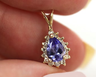 0.9 ctw Natural Blue Violet Tanzanite & Diamond Halo Pendant / Teardrop Pendant 15 MM/ Solid 14k 18k Gold/ Gift for Her/ December Birthstone