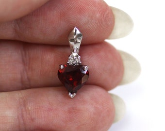 1.7 ctw Natural Red Garnet & Diamond Heart Pendant / Small Drop Pendant 18 MM / Solid 14k 18k Gold/ Valentine's Day Gift/ January Birthstone