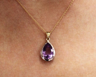 5 ctw Natural Purple Pear Cut Amethyst & Diamond Teardrop Pendant / Solid 14k Yellow Gold and Sterling Silver Pendant / February Birthstone