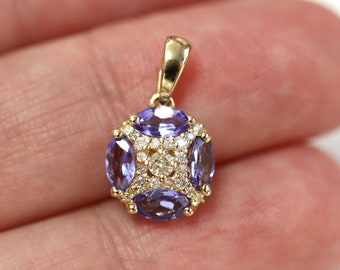 1.1 ctw Natural Blue Violet Tanzanite & Diamond Pendant / Solid 14k 18k Gold / Small Round Pendant 16MM / Birthday Gift/ December Birthstone