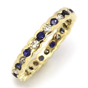 1.5 ctw Natural Blue Sapphire & Diamond Full Eternity Ring / Solid 14k 18k Gold / Alternating Bezel Wedding Band 3.2mm/ September Birthstone