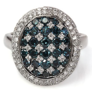 1.8 ctw Natural Blue & White Diamond Chess Engagement Ring / Solid 14k 18k Gold / Alternating Diamond Proposal Ring / Wide Oval Halo Ring