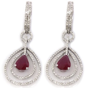 3.7 ctw Natural Red Ruby & Diamond Dangle Earrings / Long Halo Teardrop Earrings 42mm / Solid 14k 18k Gold / Pear Cut Ruby / July Birthstone