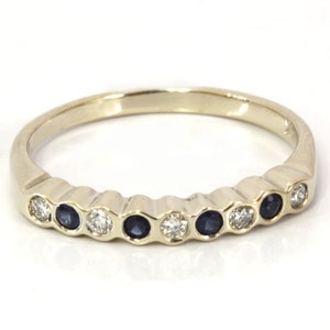 0.3 ctw Natural Blue Sapphire & Diamond Bezel Wedding Band Ring / Solid 14k 18k Gold / 9 Stone Anniversary Ring 2.6MM / September Birthstone