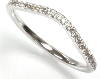 0.15 ctw Natural Real Diamond Solid 14k White Gold Curved Wedding Band Ring 1.5MM / Soft Curve Thin Dainty Stackable Ring / Yellow Rose Gold