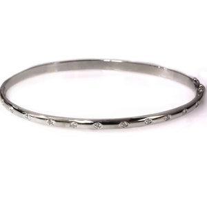 0.45 ctw Natural Diamond (G-H, SI) Solid 14k White Gold Oval Bangle / Flush Set Straight 11 Diamond Bracelet 4 MM / Length 6 to 8 Inches