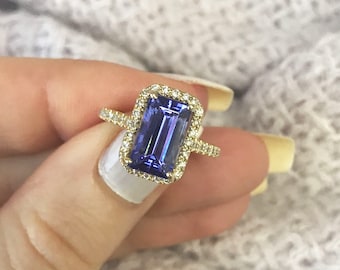 3.2 ct tw Natural Emerald Blue Violet Tanzanite & Diamond Halo Engagement Ring / Solid 14k 18k White Yellow Gold / Proposal / December Birth