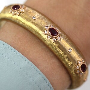 2.35 ctw Natural Red Ruby & Diamond Cuff Bangle / Solid 14k 18k Gold / Oval Cut Rubies / Wide Dome Bracelet 6 to 8 Inches / July Birthstone