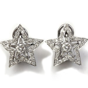 1.25 ctw Natural Diamond Star Earrings / Solid 14k 18k Gold / Big Statement Earrings 19 MM / Omega Back Halo Earrings / Celestial Jewelry