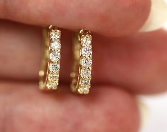 0.3 ctw Natural Diamond Semi Hoop Earrings / Solid 14k 18k Gold / 7 Stone Hoops 12 MM / Small One Row Latch Back Earrings / Anniversary Gift