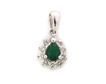 0.3 ctw Natural Green Emerald & Diamond Halo Pendant / Solid 14k 18k Gold / Small Teardrop Pendant 13.5MM / Pear Cut Emerald/ May Birthstone