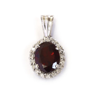 Colgante de granate rojo natural y diamantes de 1,9 ct / Colgante con halo de gota de 20 mm / Colgante de granate de talla ovalada / Oro macizo de 14 k y 18 k / Piedra natal de enero