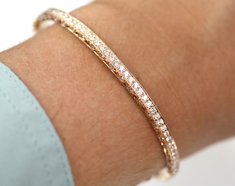 1.9 ctw Natural Diamond Bangle Bracelet / Solid 14k 18k Gold / Stackable Milgrain Oval Bangle 3MM / Diamonds on Sides / Length 6 to 8 Inches