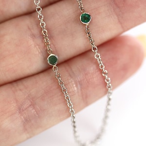 0.25 ctw Natural Green Emerald Station Necklace / 4 Bezel Set Emerald Layered Necklace 14 to 20 Inches / Solid 14k 18k Gold / May Birthstone