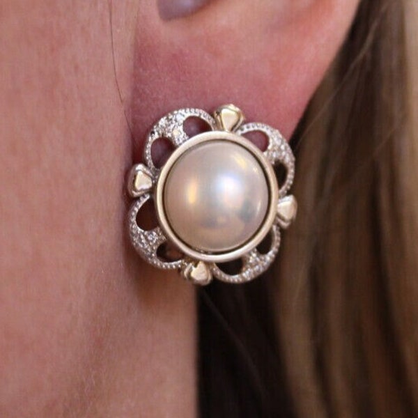 13 MM Cultured White Mabe Pearl & 0.1 ctw Natural Diamond Omega Back Cocktail Earrings 21 MM / Solid 14k 18k Gold / June Birthstone