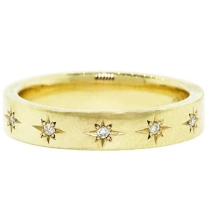 Solid 14k Gold Diamond Starburst Ring/ 4 MM Flat Stars Ring/ Stackable Half Eternity Band/ Polished or Brushed Sturdy Ring/ Multi Stars Ring