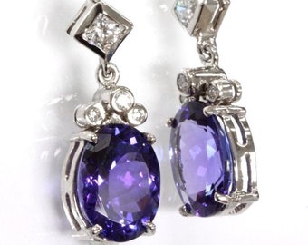 9.6 ct tw Natural Blue Violet Tanzanite & Diamond Dangle Earrings / Solid 14k 18k Gold / Drop Dangling Earrings 33 mm / December Birthstone