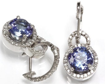 2.7 ctw Natural Blue Violet Tanzanite & Diamond Halo Earrings / Round Dangle Huggie Earrings 20mm / Solid 14k 18k Gold / December Birthstone