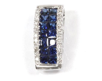 1.1 ctw Natural Blue Sapphire & Diamond Pendant / 2 Row Princess Cut Sapphire Bar Drop Pendant / Solid 14k 18k Gold / September Birthstone