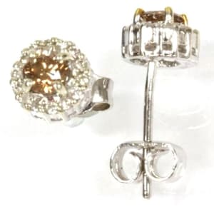 0.6 ctw Natural Champagne & White Diamond Halo Stud Earrings / Solid 14k 18k Gold / Small Tiny Round Solitaire Studs 6 MM / Anniversary Gift
